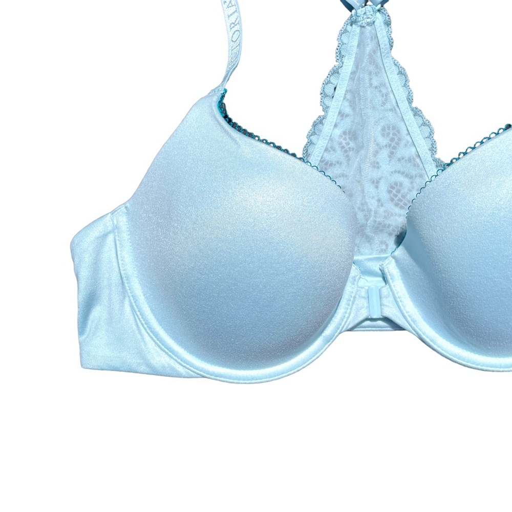 Victoria’s Secret lined demi bra front closure lace back blue padded cup 36C - Picture 2 of 5